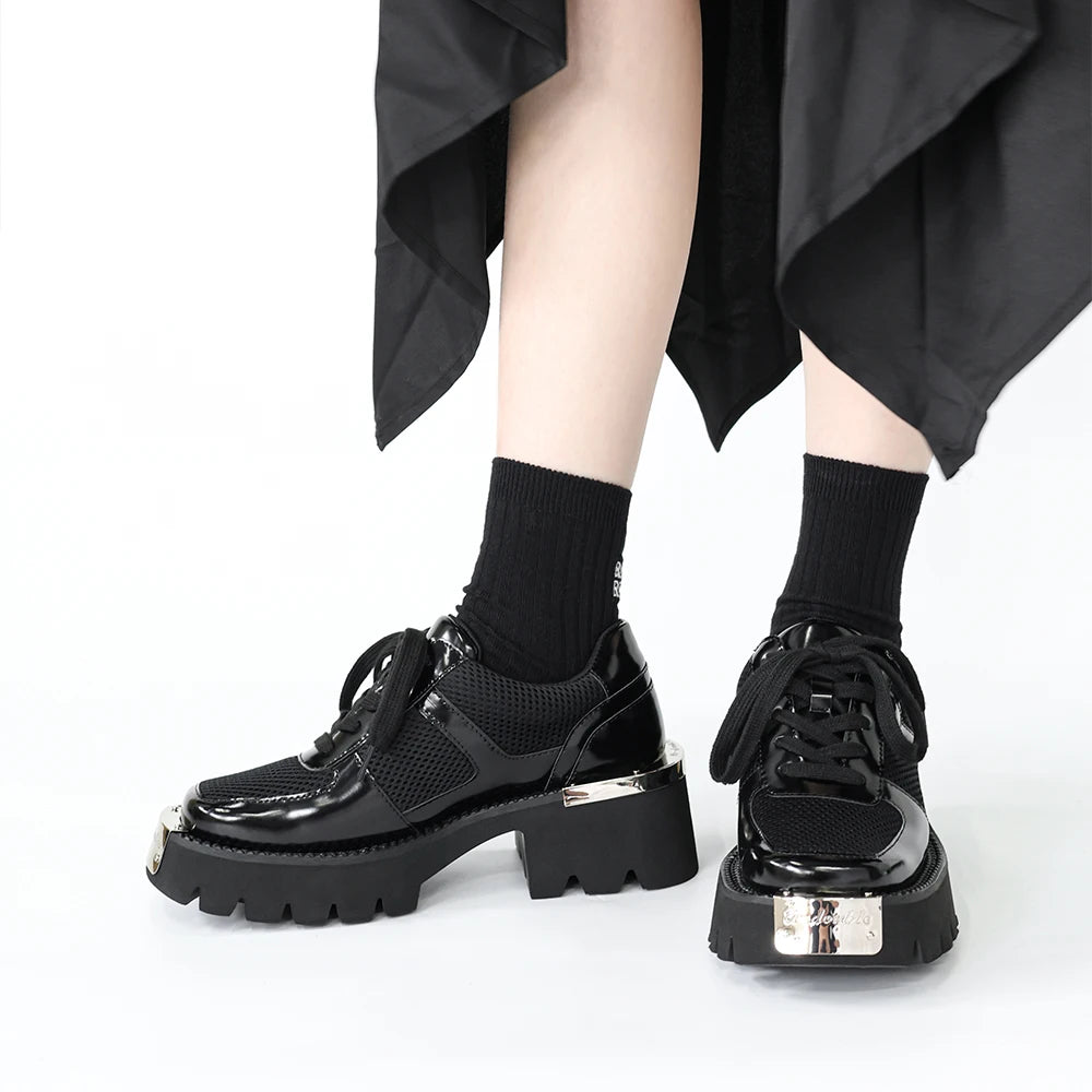 2024 Women's Punk Style Leather Shoes Lace-up Heel Platform Female Gothic Ankle Boots PU Metal Decor Thick Bottom Sneakers