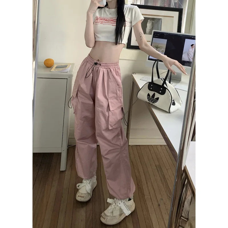 Women Long Cargo Pants Summer Elastic Waist Pocket Baggy Straight Loose Pants Casual Women Korean Trousers CDPF-WYP-51