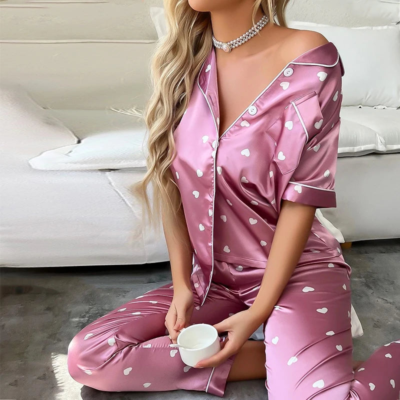 Women's Sleepwear Heart Print Satin Pajama Set Casual Short Sleeve Buttons Lapel Top & Pants Pajamas Soft Home Clothing Pyjamas