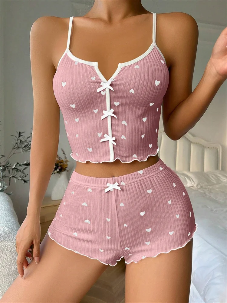 New Arrival Women's Casual Pajamas Set Heart-Shaped Printed Short Sleeve Home Wear Front Slit Summer pijamas woman