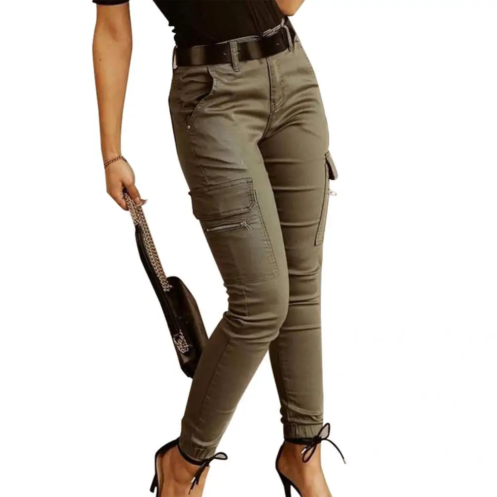 Casual Office Lady Trousers Lady Cargo Pants Low Waist Solid Color Ankle Tied Pants  Slim