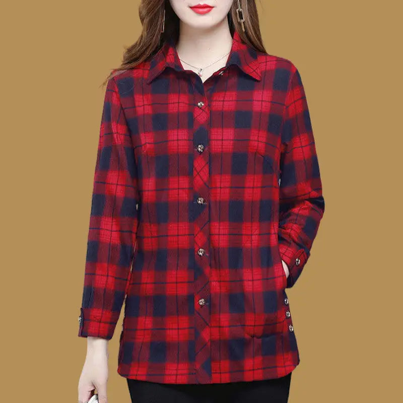 Frühling Herbst Elegante Mode Harajuku Plaid Tops Frauen Lose Beiläufige Alle Spiel Dame Hemd Polo Kragen Taste Langarm Blusa