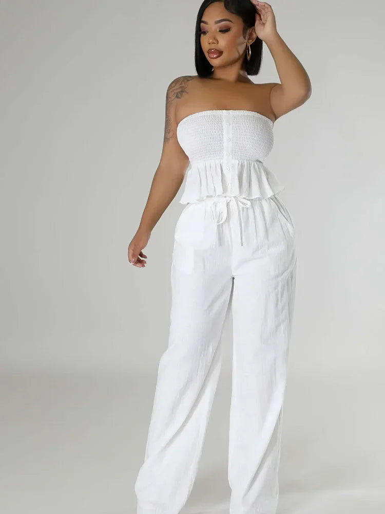 Solid Elegant Wide Leg Pants Set Women 2 Piece Outfit Summer Holiday Ruffles Strapless Tube Top and Loose Pants Matching Sets