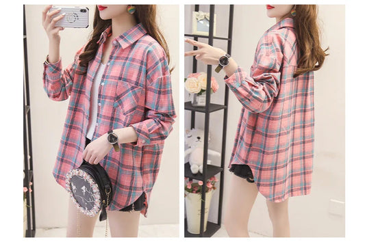 Women Spring Autumn Long Sleeve Loose Blouse Korean Fashion Plaid Lapel Shirt Casual Vintage Harajuku Oversized Tops Y2K New