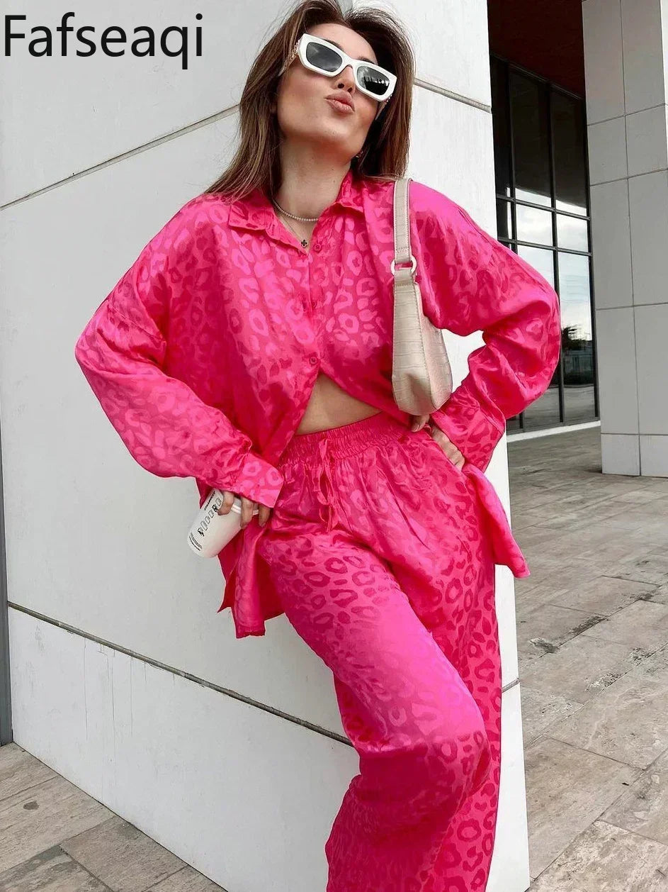 White Satin Wide Leg Trousers Suit for Women 2024 Spring Office Leopard Print Two-piece Set Home Tracksuit Women's Pajamas Sets