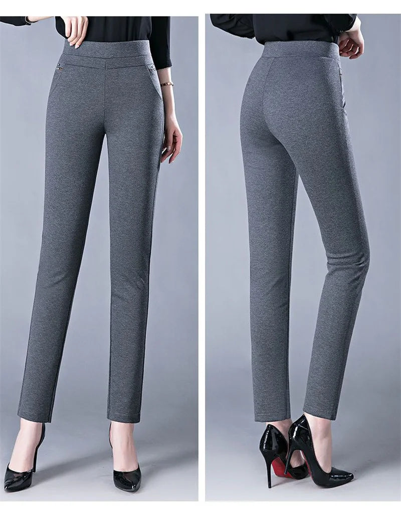 Fashion All Match Black Gray Pencil Pants Spring autumn Elegant High Waist Casual Stretch Slim Middle Aged Women Trousers Ladies