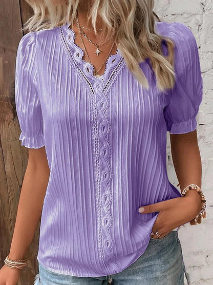 Women's Summer New Top 2024 Solid Sexy V-Neck Hollow Short Sleeve