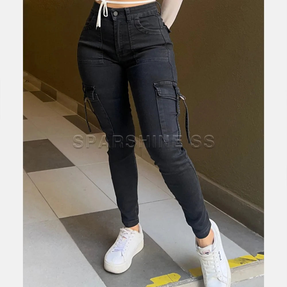 2024 Women Skinny Jeans Casual  Fashion Legging Pants High Waisted Trousers Y2k Streetwear Denim Pants Hip Lift Pocket Design