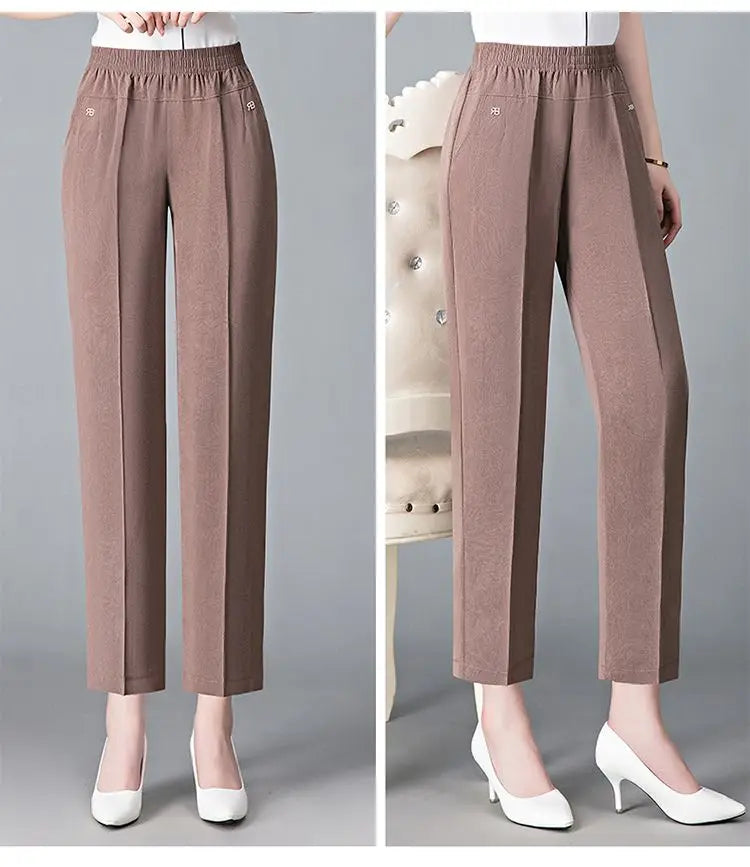 Vintage Loose Straight Pants Spring Summer Thin Women Streetwear Office Lady Casual Elastic High Waist Cropped Trousers 5XL