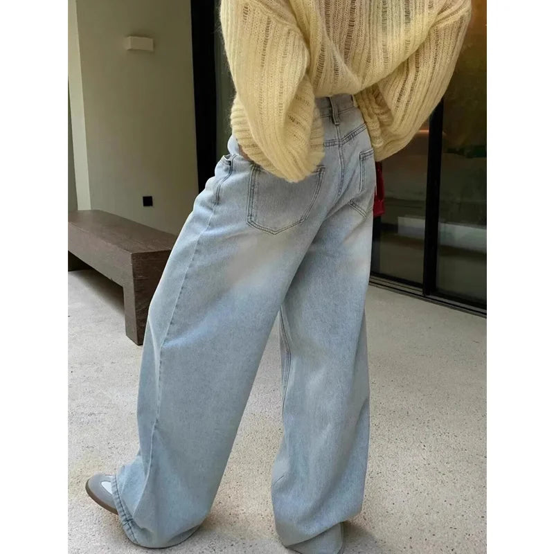 Blue Jeans Women High Waist American Plus Size Wide Leg Pants Vintage Straight Baggy Casual Denim Trousers Mom Oversize Pants