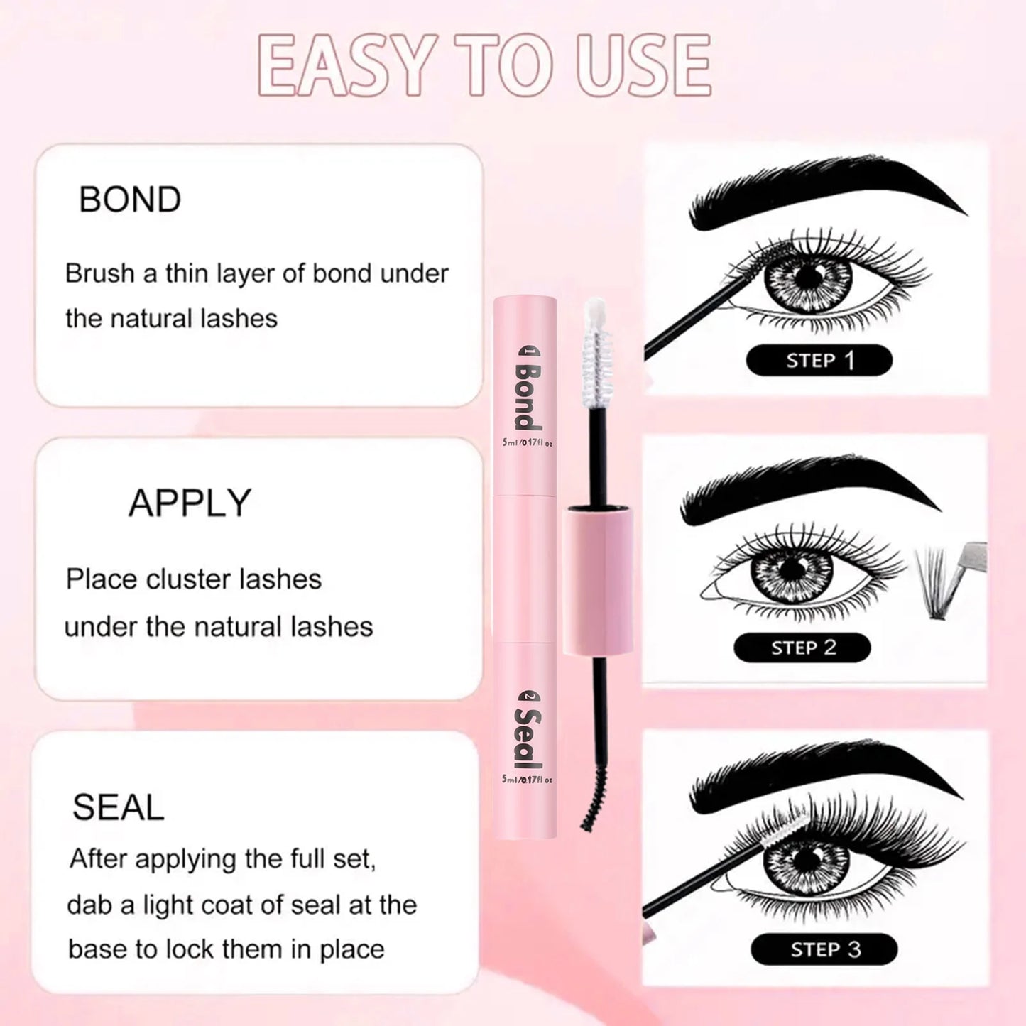 2pcs Eyelash Glue Bond and Seal for DIY Lash Clusters Long Lasting Lash Glue Hold 48 / 72 Hours Waterproof Mascara Wand Makeup