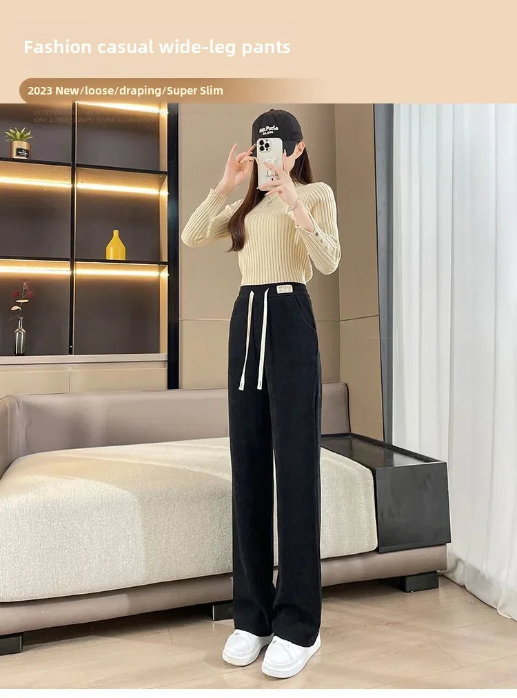 Fleece-lined Corduroy Bell Bottoms High-waisted Loose-fit Thickened Sport Casual Straight-leg Pants For Women