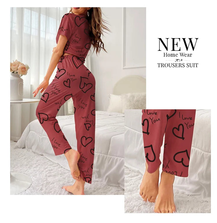 Women Pajamas Set Short Sleeve Shirt and Trousers Sleepwear Two Pieces Pyjamas Loungewear Nightwear Ladies Pijama Home Clothing