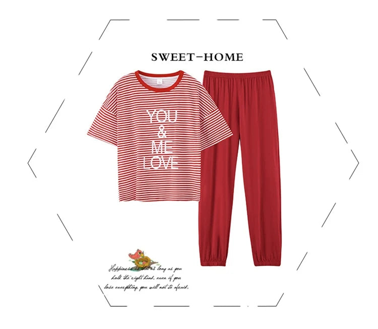 2024 Summer 100% Cotton Short Sleeve Long Pants Pajama Sets for Women Korean Cute Sleepwear Homewear Pijama Mujer Home Clothes