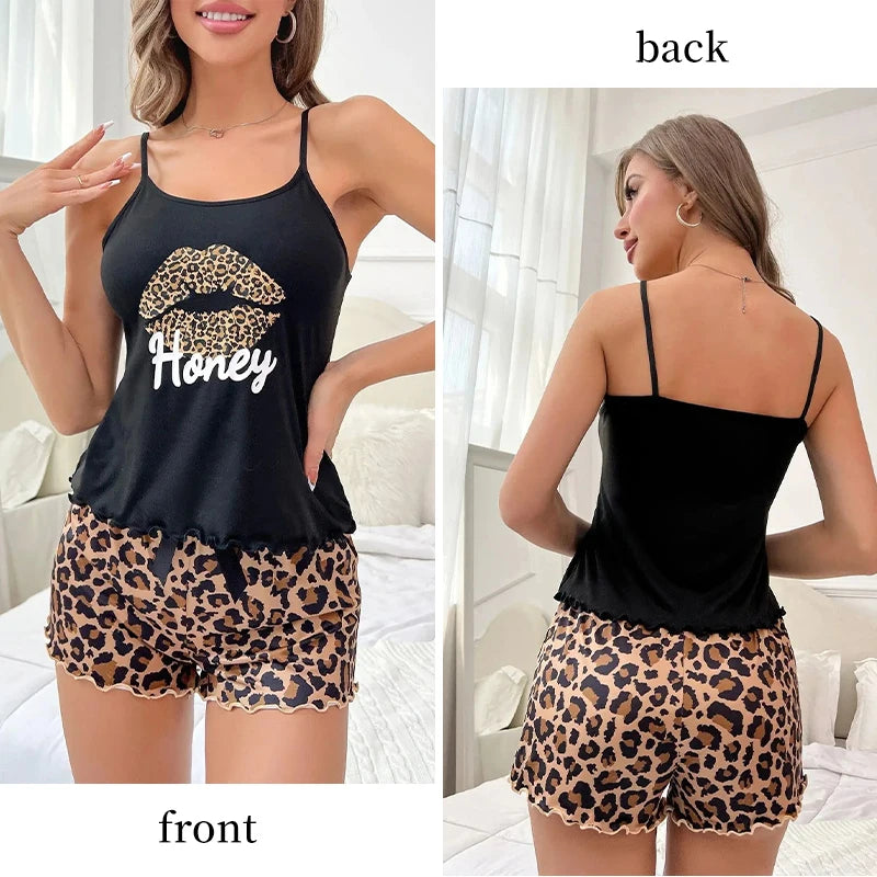 Women's Print Sexy Pajama Set Suspender Backless Short Sleeved and Elastic Waist Printed Leopard Print Shorts Pajama Set