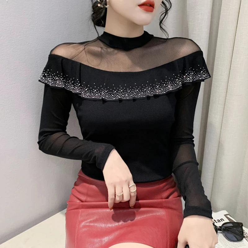 M-3XL Autumn Winter New Women's Tops Shirt Fashion Casual Turtleneck Long Sleeve Hollow Out Hot Drilling Black Mesh T-Shirt