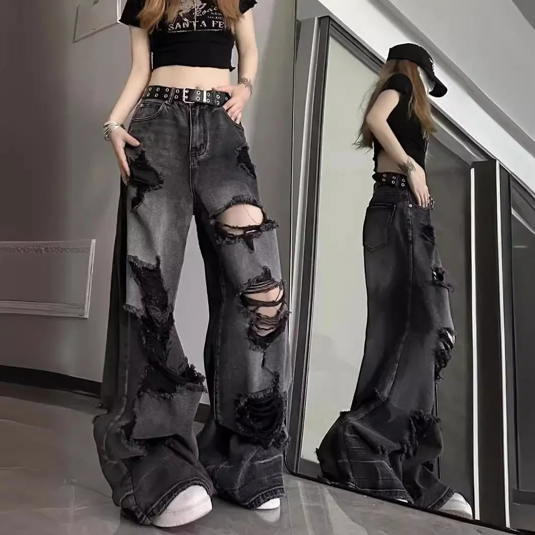 Unique Cool Ripped Jeans Women's Summer Distressed American Style Bell Bottoms Loose Fit Versatile Straight Leg Long Pants